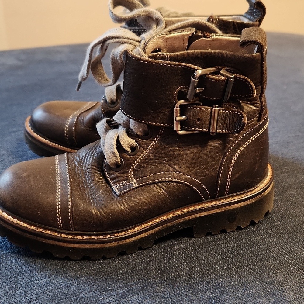 Montelpare Kids Brown Leather Double Bukled Zip-up & Lace-up Ankle Boots sz 27